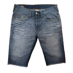 True Religion Geno Cutoff Denim Shorts Men's 33 (35) USA Longline Raw Hem